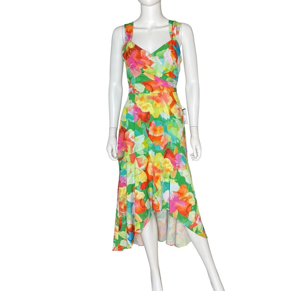Adrianna Papell Green Orange High-Low Scoop Neck Sundress - Picture 2 of 10